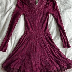 FREE PEOPLE Lace Fit and Flare Long Sleeve Dress in Maroon/Burgundy Size XS